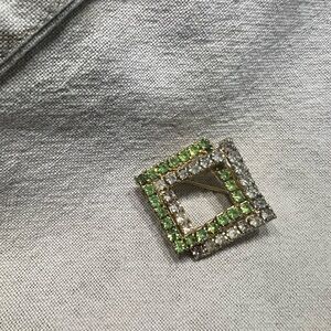 Vintage green and clear rhinestone square brooch